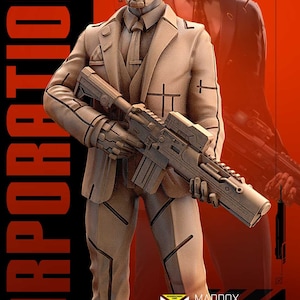 Könnte beinhalten: Eine 3D-gedruckte Figur eines Sicherheitsbeamten, der einen futuristischen Anzug und Helm trägt. Die Figur hält ein Gewehr und steht vor einem roten Hintergrund mit dem Text "CORPORATION" und "JUNE RELEASE". Der Text "MADDOX SECURITY OFFICER MICROMACHINES CORP." ist ebenfalls auf der Figur sichtbar.