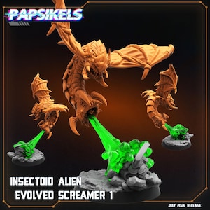 May include: Three orange insectoid alien miniatures with wings and segmented bodies. The central figure is larger, and all three are mounted on circular bases, emitting a translucent green liquid stream onto rocky terrain. Text reads PAPSIKELS.