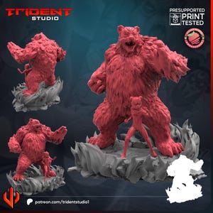 Puede incluir: Colección de figuras rojas impresas en 3D de osos y humanoides. Las figuras de oso son grandes e imponentes, con texturas de pelaje detalladas. Las figuras humanoides son más pequeñas y están junto a los osos. Las figuras están sobre una base rocosa.