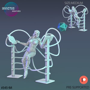 May include: A light grey miniature figurine of a female figure in a futuristic suit, interacting with a complex machine. The image includes the text "INVICTUS MINIATURES", "SIZE: MEDIUM", and "PRE-SUPPORTED". The miniature is highly detailed.