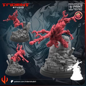 Pode incluir: Miniatura vermelha e detalhada impressa em 3D de uma figura monstruosa com múltiplos membros, posada dinamicamente sobre uma base cinzenta com tema industrial. O logotipo e o texto Trident Studio são visíveis, juntamente com "Presupported Print Tested". A URL do Patreon também é exibida.