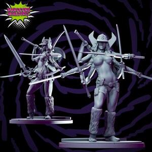 Peut inclure: Deux figurines miniatures peintes en gris de guerrières avec plusieurs bras tenant des épées et des haches. Les figurines sont posées dans une posture de combat dynamique. Les figurines sont debout sur des bases circulaires.