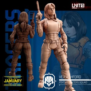 以下が含まれることがあります： 未来的な装甲服を着た女性のキャラクターの3Dプリントミニチュア。キャラクターは短く茶色の髪で、銃を持っている。ミニチュアは薄い茶色に塗られている。画像には「Vex Ashford Psycho Tracers Squad」というテキストが表示されている。