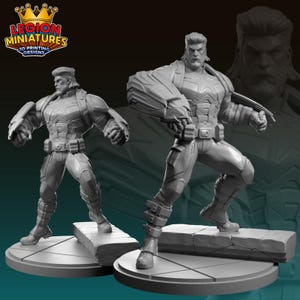 May include: Two gray 3D-printed miniature figures of a muscular man in a heroic pose. The figures are on a circular base with a rectangular platform. The figures wear armor and have a determined expression. The logo "LEGION MINIATURES 3D PRINTING DESIGNS" is in the upper left.