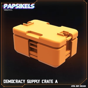 May include: A bright orange plastic crate with a hinged lid and a label that reads "DEMOCRACY SUPPLY CRATE A".