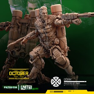 May include: A detailed miniature figure of a warrior with a beard and a large backpack, holding a weapon. The figure is painted in shades of brown and grey. The figure is labeled "Gorm Raiders of Ymir 003".