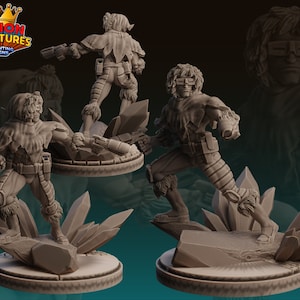 May include: A 3D printed miniature figure of a person wearing a hooded cloak and holding a weapon. The figure is standing on a base with a crystal design.