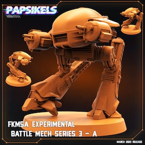 May include: A 3D printed, orange-brown, articulated, futuristic robot model. The model is posed in a walking stance with one leg raised. The model is labelled "FKMSA EXPERIMENTAL BATTLE MECH SERIES 3 - A".