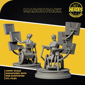 May include: Two 40mm scale 3D printed miniatures of people sitting in wheelchairs. The miniatures are gray and have pre-supported STL files. The miniatures are part of a March Pack from Hall of Heroes Miniatures.