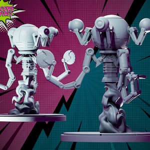 May include: Two gray 3D printed robot figures with articulated limbs and a round head. The robots are standing on a gray base with a swirling smoke effect. The robots are facing opposite directions. The text "HARDCORE MINIATURES" is in a speech bubble in the top left corner of the image.