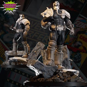 May include: Two detailed Judge Dredd figurines. The figures are in a dynamic pose, holding a gun. They are wearing a black uniform with white armor and boots. The figurines are standing on a rocky base. The Hardcore Miniatures logo is in the top left corner.