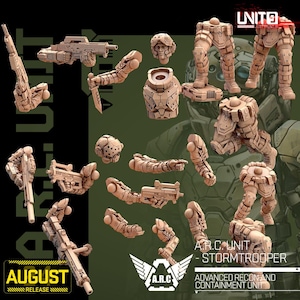 Op de afbeelding: Een set van 3D-geprinte miniatuurfiguren van een futuristische soldaat, met verschillende lichaamsdelen en wapens. De figuren zijn in lichtbruin geverfd en zijn gelabeld met "A.R.C. UNIT - STORMTROOPER" en "ADVANCED RECON AND CONTAINMENT UNIT".