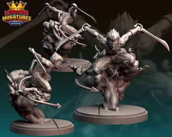 May include: A 3D printed miniature of a humanoid figure with a spiky hairstyle, holding two swords and standing on a cloud-like base. The figure is in a dynamic pose, with one leg raised and the other bent. The miniature is painted in a light grey colour.