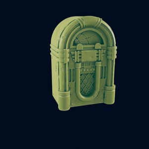 May include: A vintage-style green jukebox with a cracked glass window and a metal grill. The jukebox has a rectangular shape and a rounded top.