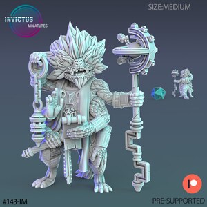 May include: A gray, pre-supported, 3D printed miniature of a humanoid creature with a dragon-like head, holding a staff with a circular top and a chain with a sphere at the end. The miniature is labeled "#143-IM" and "SIZE:MEDIUM".