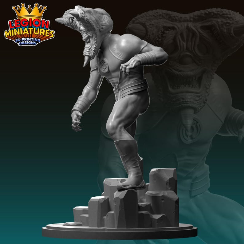 May include: A gray 3D printed miniature of a humanoid figure with a reptilian head wearing a green and black costume. The figure is standing on a rocky base. The figure is posed in a dynamic action pose with one arm raised and the other arm extended.