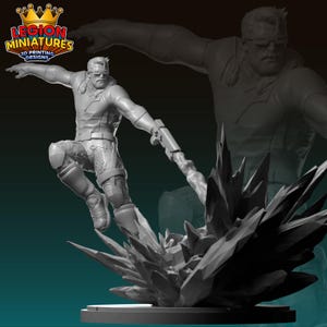 May include: A gray 3D-printed miniature of a male figure in a dynamic pose, holding a weapon. The figure is leaping from a crystalline structure. The Legion Miniatures logo is visible in the upper left corner.