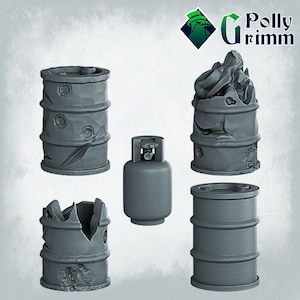 May include: Five gray metal barrels, one of which is crushed, and a gray metal propane tank. The barrels have a textured surface and are all different sizes. The propane tank is cylindrical and has a valve on top.