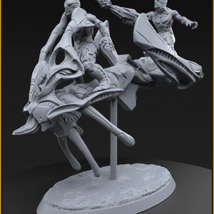 May include: A gray 3D-printed miniature of a Chitauri Chariot, featuring two figures in dynamic poses. The base is a textured oval, and the model is labeled "Chitauri Chariot" and "32mm". The text "September Patreon Release" is also visible.