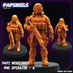 May include: A 3D printed miniature of a soldier in orange plastic, holding a gun. The miniature is part of a set called "PAPZ INDUSTRIES PMC OPERATOR - A".