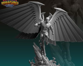 May include: A grayscale 3D-printed figurine of a muscular male figure with large, feathered wings. The figure is posed mid-flight, atop a rocky base with flames. The logo "LEGION MINIATURES 3D PRINTING DESIGNS" is visible.