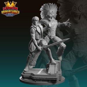 May include: A grey 3D-printed miniature depicting two figures in combat. One figure holds a sword, the other has a feathered headdress. The "Legion Miniatures" logo is visible in the top left corner of the image.