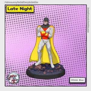 May include: A painted miniature figure of a superhero wearing a white suit with a yellow cape and red accents. The figure is standing on a 35mm base with a rocky texture. The figure is titled "Late Night".