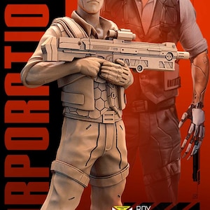 Könnte beinhalten: Futuristisches digitales Kunstwerk mit zwei Figuren vor rotem und schwarzem Hintergrund. Die Hauptfigur in beiger Kleidung hält eine Waffe. Eine zweite Figur ist teilweise sichtbar. Text enthält "CORPORATION" und "ROY SECURITY OFFICER MICROMACHINES CORP."