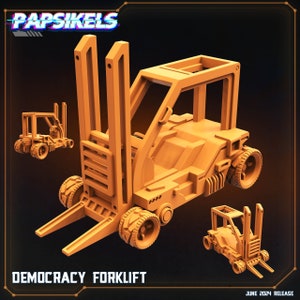 Puede incluir: Modelo 3D en tonos naranja de una carretilla elevadora, etiquetada como "DEMOCRACY FORKLIFT". La imagen incluye el texto "Papsikels" en la parte superior y "JUNE 2024 RELEASE" en la inferior. La carretilla tiene un diseño detallado con ruedas y horquillas visibles.