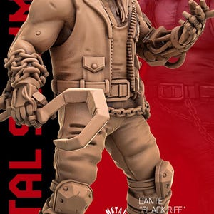 Op de afbeelding: Een gedetailleerd 3D-model van een personage genaamd Dante "Black Riff" Crow van Metal Slammers. De figuur staat in een dynamische pose en draagt een vest, broek en laarzen. Het model heeft lang haar en een dreigende uitdrukking. De achtergrond is rood en zwart met de tekst "METAL SLAMMERS".