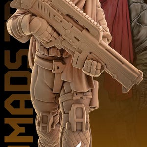 May include: A detailed 3D rendering of a figure from the Nomads Tribe, clad in tan attire and a gas mask, holding a large rifle. The figure is set against a dark background with the text "Nomads Tribe" and "Barq Brigade". The image has a futuristic, post-apocalyptic theme.