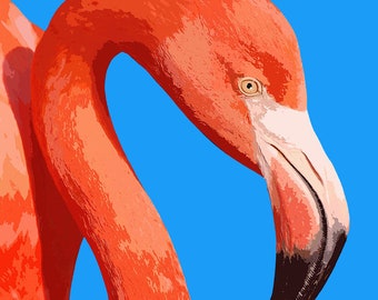 A4 Flamingo Print - Sky Blue Background