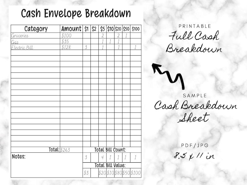 Printable Full Size Cash Breakdown Etsy
