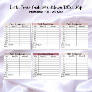 Printable Neutral Earth Tone Cash Breakdown Teller Slips - Bank Teller Slips