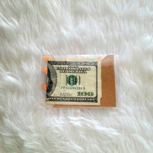 May include: A one hundred dollar bill is visible inside a clear plastic sleeve, with a brown card behind it. The bill is partially visible, with the text "UNITED STATES OF AMERICA" and the number "100" clearly displayed. The background is a white, fluffy surface.