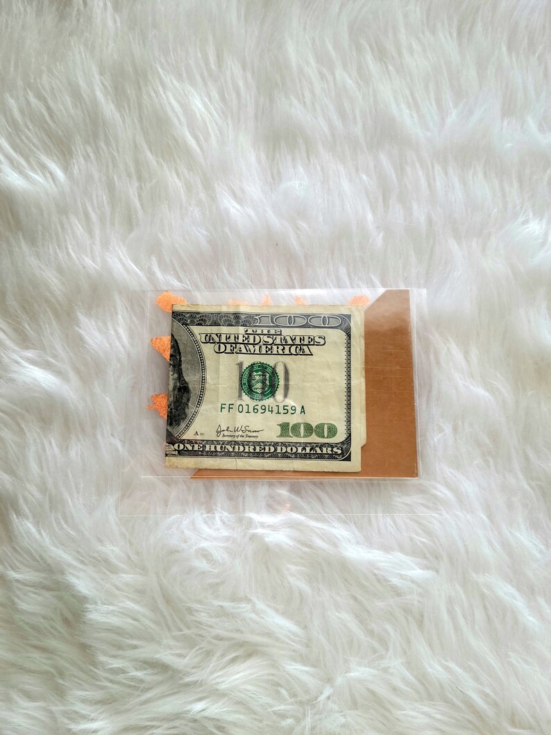 May include: A one hundred dollar bill is visible inside a clear plastic sleeve, with a brown card behind it. The bill is partially visible, with the text "UNITED STATES OF AMERICA" and the number "100" clearly displayed. The background is a white, fluffy surface.