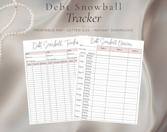 May include: A Debt Snowball Tracker printable PDF document featuring two white pages with black text and grid lines. The left page includes sections for debt, balance, and payment dates. The right page shows a monthly overview table for three debts.