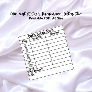 Printable Plain Minimalist Cash Breakdown Teller Slips - Bank Teller Slips