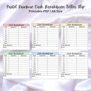 Printable Pastel Rainbow Cash Breakdown Teller Slips - Bank Teller Slips