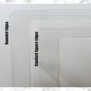 May include: Clear plastic sheets with rounded and standard square edges are shown. The text "Rounded Edges" and "Standard Square Edges" are printed vertically on the left side of the image. The sheets are on a white background.