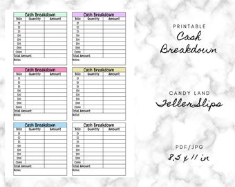 Printable Cash Breakdown, Bank Teller Slips, Bank Slips, Candy Land Theme