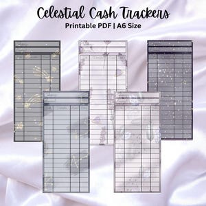 May include: Four printable cash tracker sheets with celestial and floral designs. The sheets are in A6 size and have a grid layout for tracking expenses.