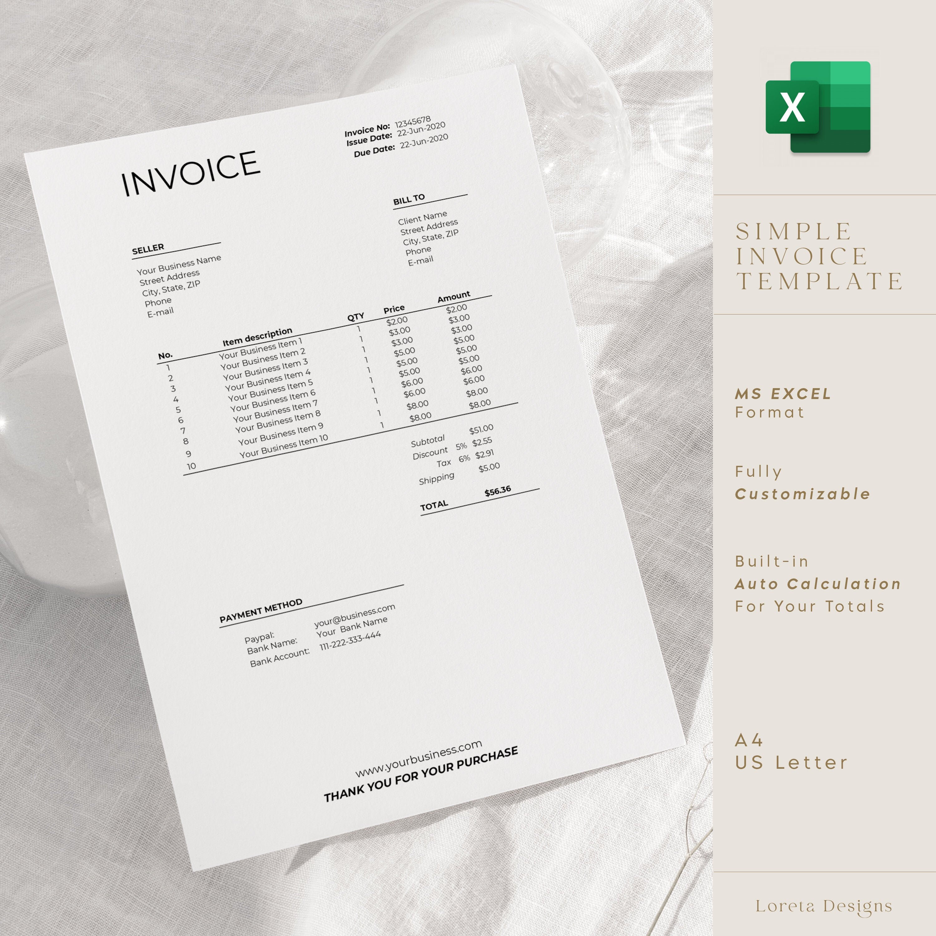 editable microsoft excel invoice simple billing form etsy