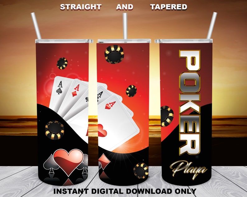 May include: A red and black tumbler with a poker theme. The tumbler features playing cards, poker chips, and the text "Poker Playa".
