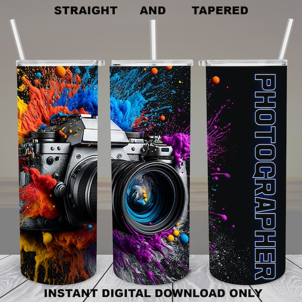Photographer Camera, 20oz Skinny Tumbler, Sublimation Design for Straight/Tapered, PNG File, Digital Download, 300 DPI