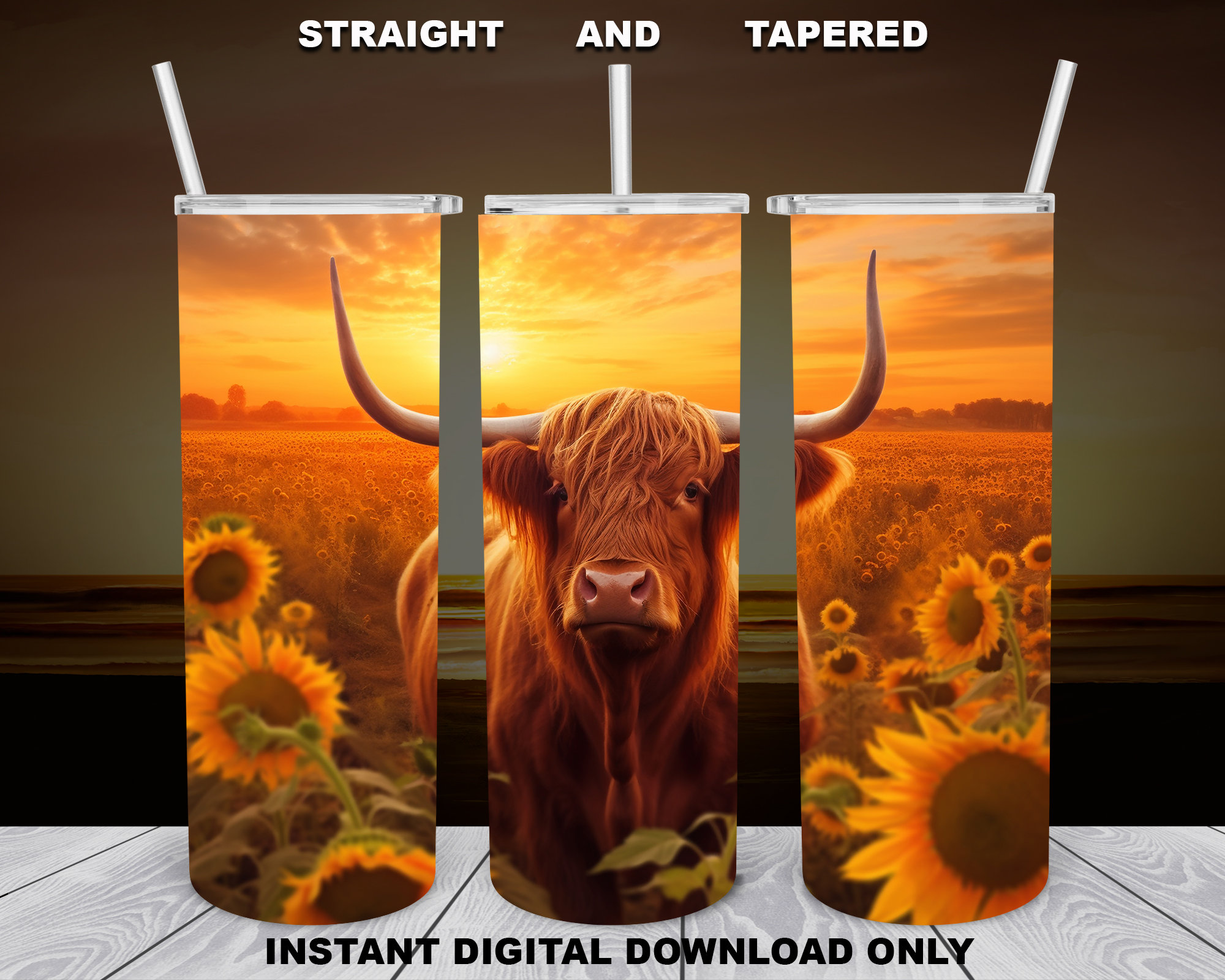 Highland Cow in a Sunflower Field, Sunset, 20oz Skinny Tumbler, Sublimation Design for Straight/Tapered, PNG File, Digital Download, 300 DPI