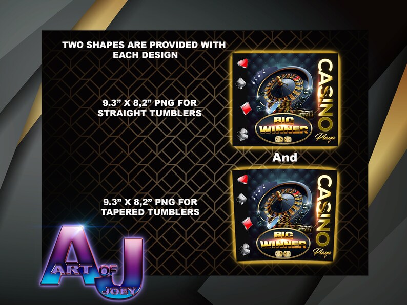 May include: Two digital designs for casino-themed tumblers. The designs feature a roulette wheel, playing cards, and the text "Big Winner" and "Casino Player". The designs are available in two sizes: 9.3 inches by 8.2 inches for straight tumblers and 9.3 inches by 8.2 inches for tapered tumblers.