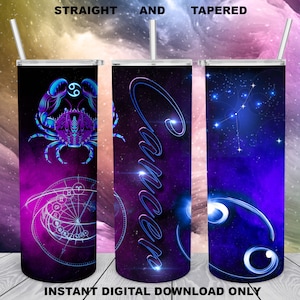 20oz Skinny Tumbler, projekt sublimacji, projekt znaku zodiaku Rak dla pliku PNG prostego/zwężanego, pobieranie cyfrowe
