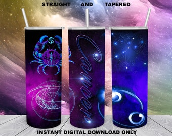 Tumbler sottile da 20 once, design a sublimazione, design dello zodiaco del cancro per file PNG dritto/conico, download digitale