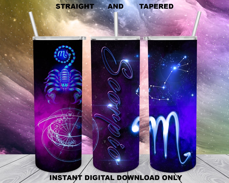 Pu&ograve; includere: Un set di tre bicchieri in acciaio inossidabile con sfondo galattico e design a scorpione blu. I bicchieri presentano il segno zodiacale Scorpione e le parole "Scorpione" e "Dritto e Conico".